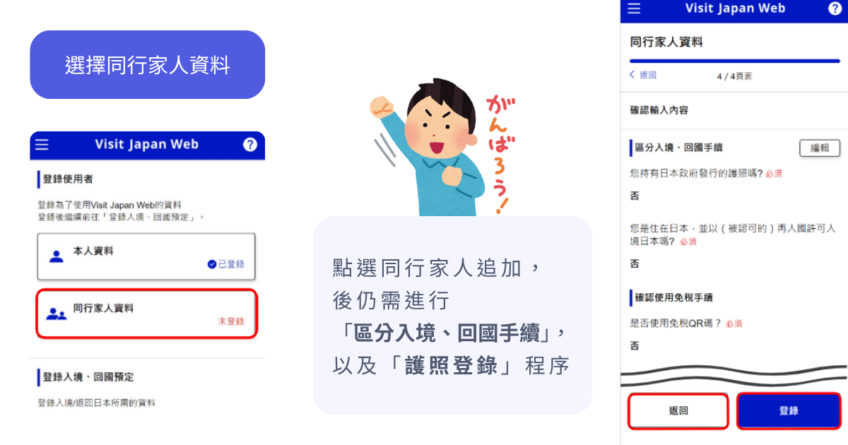 Visit Japan Web 同行家人登錄個人資料畫面教學